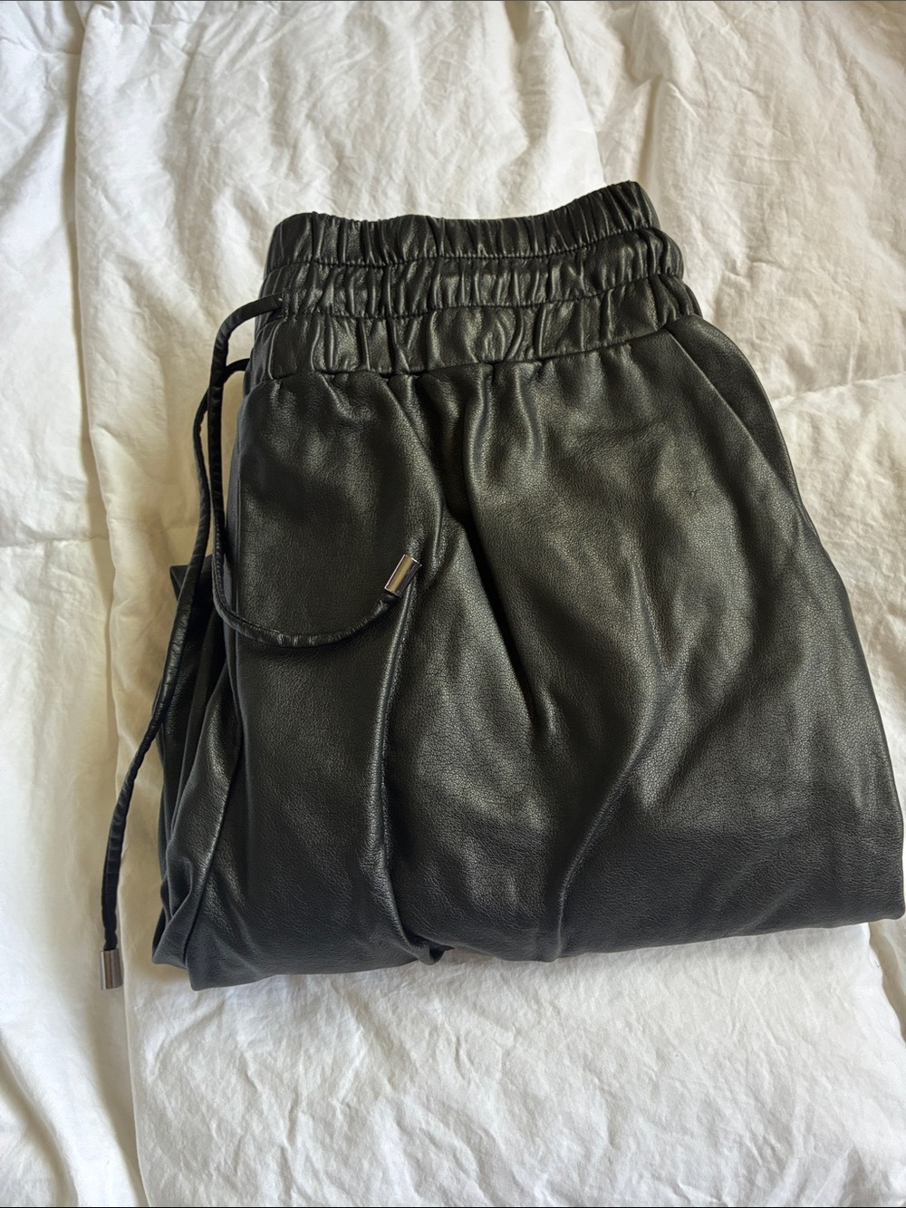 Black Faux Leather Jogger Pants - Casual Drawstring